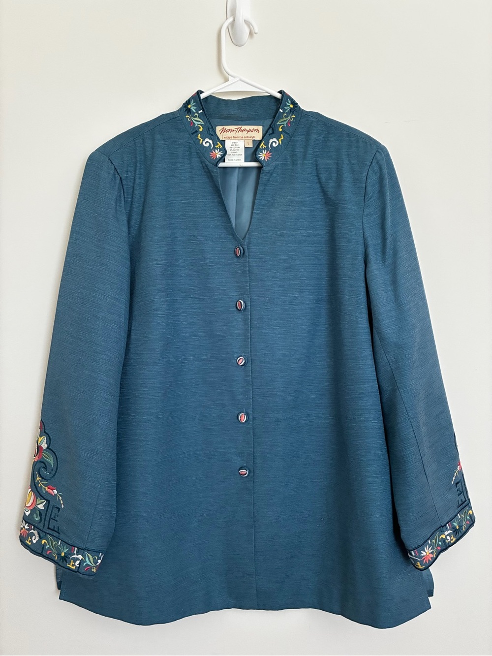 Norm Thompson Silk Blend Teal Blue Embroidered Button-Front Shirt Jacket L